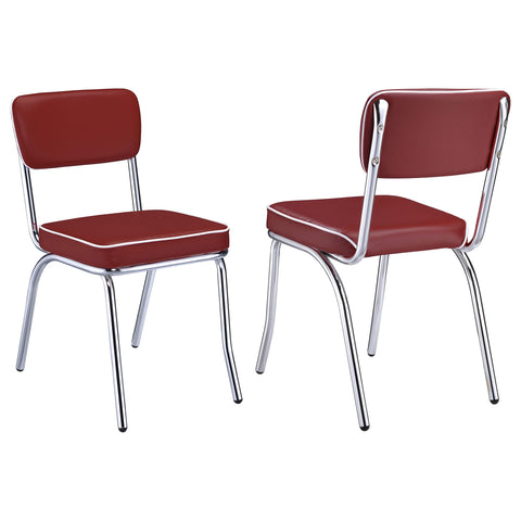 Coaster Home Furnishings Retro Set of 2 Open Back Dining Side Chairs Faux Leather Upholstered Back and Padded Seat Cushion Sturdy Steel Frame Red and Chrome 2450R