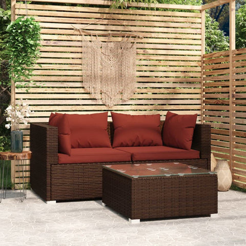 Oakestry 3-Piece Garden Lounge Set Brown PE Rattan Modular Patio Sofa with Cushions & Coffee Table, Weather-Resistant Outdoor Seating