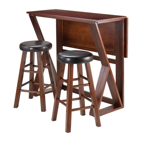 Oakestry Harrington 3-Piece Drop Leaf High Table Set, 24-Inch, Brown Solid Wood Counter-Height Table with 2 Cushioned Round Seat Stools, Space-Saving Kitchen & Dining Furniture