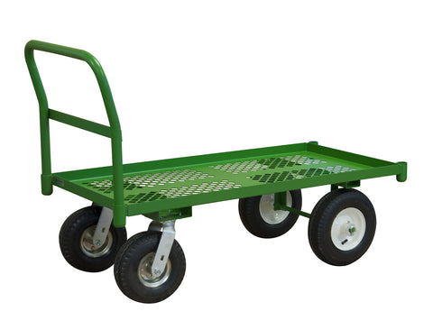 Garden Truck With 10 Inch/12 Inch x 3-1/2 Inch Pneumatic Casters (2) Rigid And (2) Swivel Perforated Deck 1-1/2 Inch Lips Up And Tubular Push Handle Green