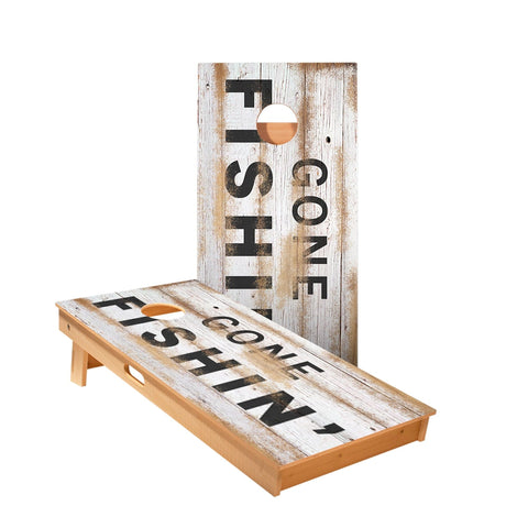 Skip's Garage Distressed Wood Gone Fishin Cornhole Boards - Includes (2) Boards (Resin Bags) + (2) Board Edge Lights