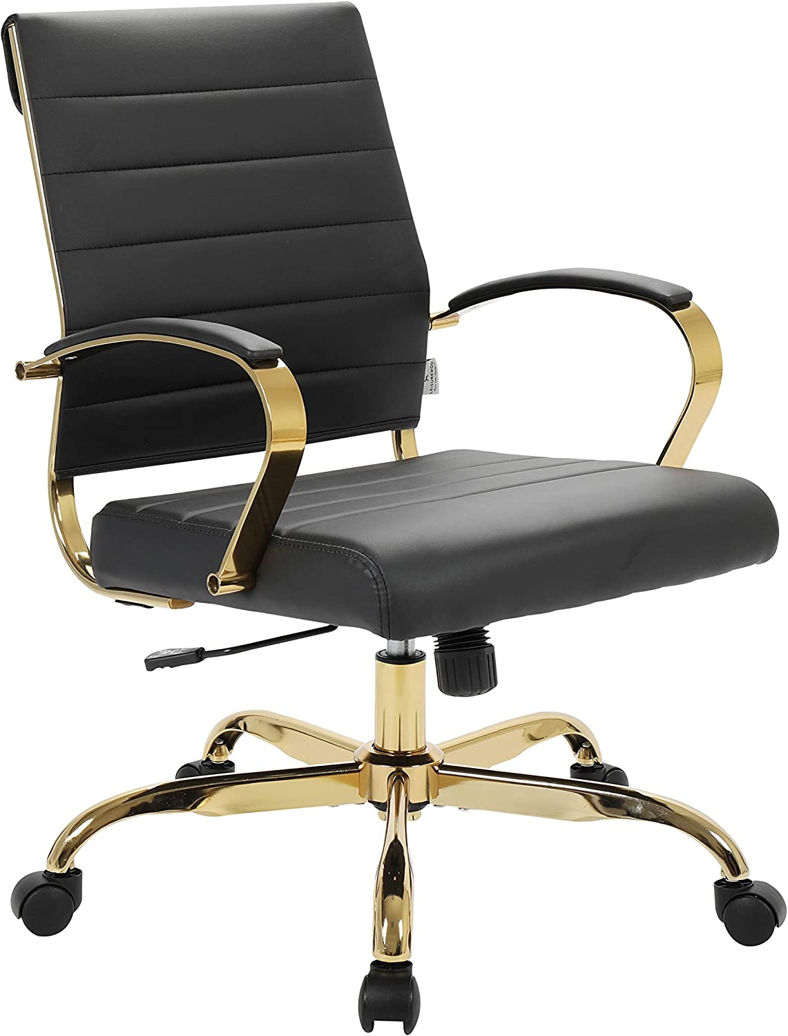 LeisureMod Benmar Modern Mid-Back Adjustable Swivel Leather Office Chair with Gold Frame (Black)