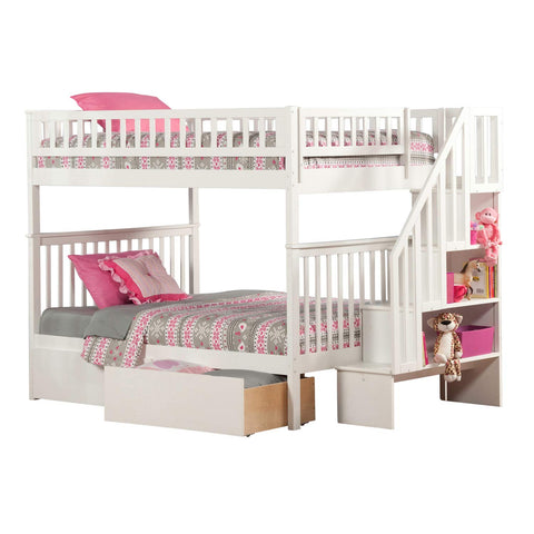 Woodland Staircase Bunk Bed Full over Full with 2 Urban Bed Drawers in White