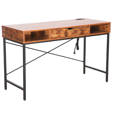 JJS 48' Writing Desk with Power Outlet, Home Office Contemporary Large Computer Desk Laptop Workstation with Drawer USB Ports Charging Station, Rustic Brown