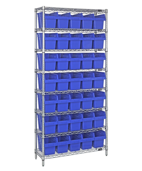 Quantum Storage Systems WR8-804BL Wire Heavy Duty 8 Shelves 35 STORE-MAX Blue Bins 74" H x 36" W x 18" D