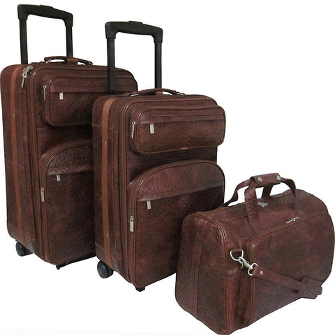 Amerileather Brown Ostrich Print Leather Three Piece Set Traveler