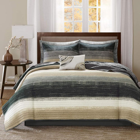 Oakestry 8pc Striped Reversible Brushed Microfiber Coverlet All Season Modern Geometric Lightweight Bedspreads, King(104"X92"), Stripes Taupe