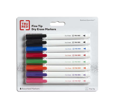 TRU RED Staples TR56881 Pen Dry Erase Markers, Fine Tip, Assorted, 8/Pk