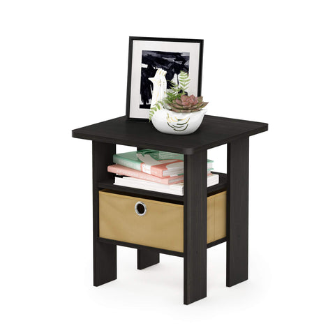 Furinno ANDREY Side Table, End Table, Night Stand with Open Shelves and Storage Bin, Bedside Table, for Living Room, Bedroom, Espresso