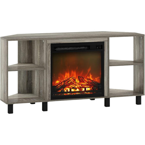 Oakestry Corner TV Stand with Electric Fireplace, French Oak Grey Finish, 4 Open Storage Compartments, Entertainment Center for TVs up to 55 Inches