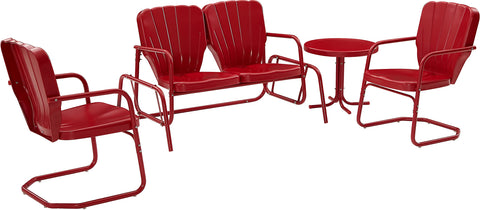 Ridgeland 4Pc Retro Outdoor Loveseat Glider Patio Set Bright Red Gloss - Loveseat Glider, Side Table, & 2 Armchairs