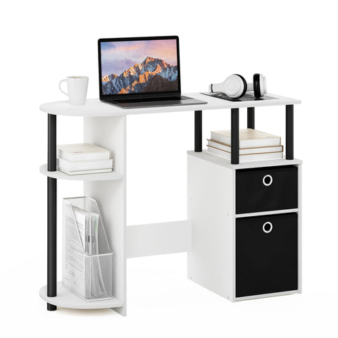 Furinno Jaya Desk, 38.4" Wide Gaming Desk with Bin Drawers, Computer Desk with Side Shelf, Office Desk for Study, Home Office, Bedroom, Dorm, Study Room, White