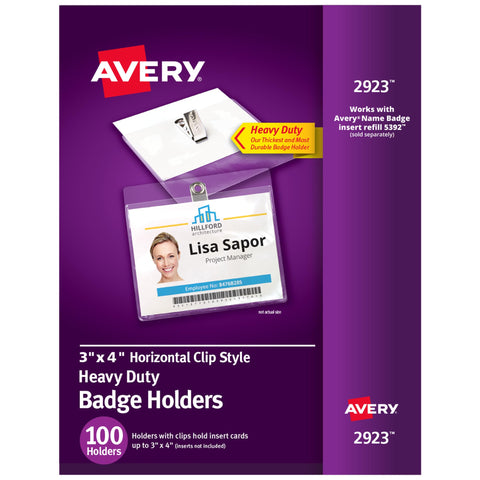 Avery Heavy Duty Badge Holders, 3" x 4", 100 Horizontal ID Badge Holders with Clips (2923)