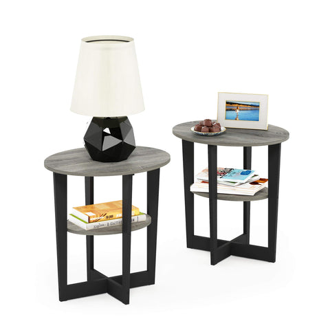 Furinno JAYA Side Table Set of 2, 2-Tier Round Modern End Table with Oval Tabletop, Night Stand, Bedside Table with Open Shelf, for Living Room, Bedroom, French Oak