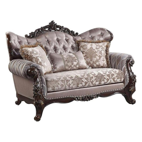 Oakestry Benbek Fabric Loveseat Taupe Antique Oak Three Pillows Comfortable Durable Elegant Upholstered Seating Compact Two Seater Modern Transitional Living Room Furniture Stylish Home Décor Couch