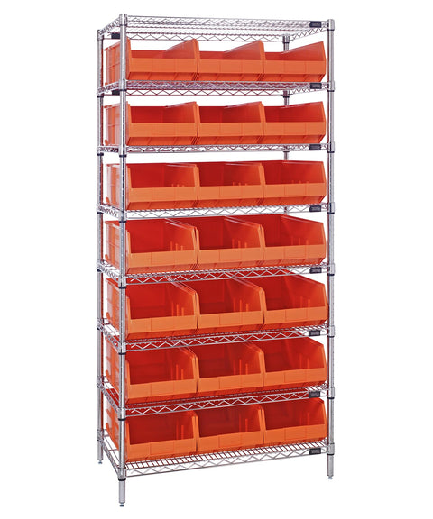 Quantum Storage Systems WR8-425OR Wire Heavy Duty 8 Shelves 21 Stackable Shelf Bins Orange Bins 74" H x 36" W x 12" D