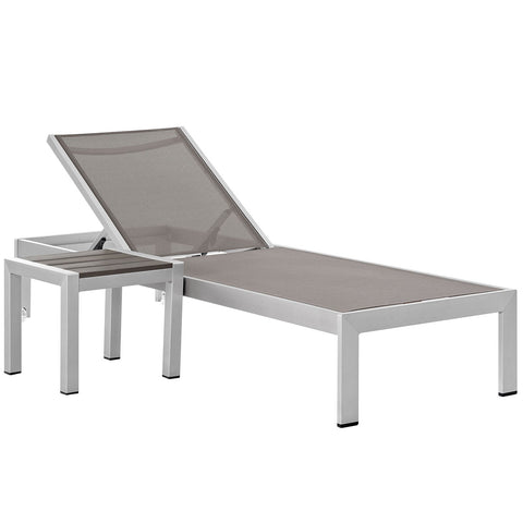 Modway Shore Aluminum Textilene® Mesh Outdoor Patio Poolside Chaise Lounge Chair and Side End Table Set in Silver Gray
