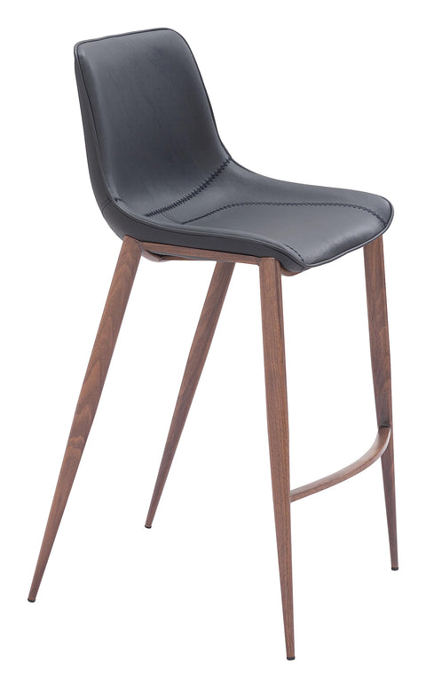 Zuo Magnus Barstool (Set of 2) Black & Walnut, Black Barstool, Modern Style, Faux Leather, Plush and Durable Faux Leather Fabric, Plywood, Indoor Bar, 20.7" W x 21.7" D x 43.3" H