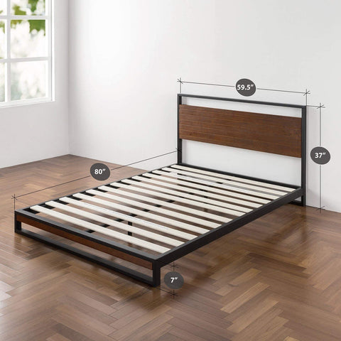 Fast Furnishings Queen Size Metal Wood Platform Bed Frame with Headboard