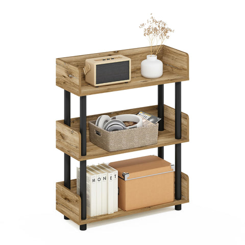 Furinno TURN-N-TUBE Display Shelf, 3-Tier Storage Shelves with Side Panels, Open Shelves Book Shelf with Rounded Corner Top Edges, for Organization and Storage, Living Room, Home Office, Flagstaff Oak