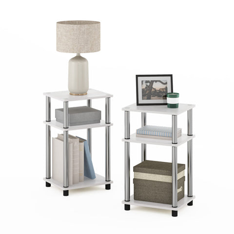 Furinno JUST Side Table Set of 2, 3-Tier Modern End Tables, Open Shelves Night Stand, Nightstand, Toolless Assembly, for Living Room, Bedroom, White Oak/Stainless Steel