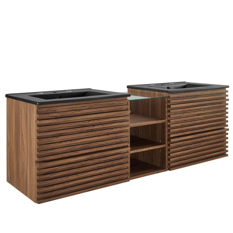 Modway Render 62 Inch Mid-Century Modern Floating Bathroom Vanity with Double Sink in Walnut Black – Wall-Mount Vanity with Storage Cabinet and Dual Ceramic Sinks