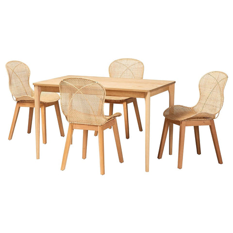 Baxton Studio Sabelle Brown Mahogany Wood and Rattan 5-Piece Dining Set