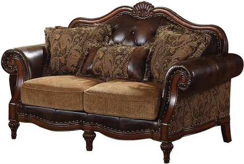 Acme Dreena Rolled Arm Upholstered Loveseat with 3 Pillows in Brown Faux Leather