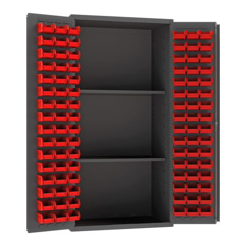 Durham 3501-DLP-PB-96-2S-1795 Lockable Cabinet with 96 Red Hook-On Bins, 2 Adjustable Shelves, Flush Door Style, Pegboard, 36" Wide, 14 Gauge, Gray