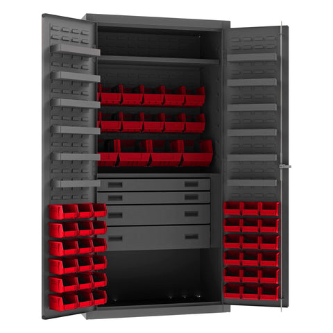 Heavy Duty Cabinet 14 Gauge 36 x 24 x 72 1 Fixed Shelf 1 Adjustable Shelf 52 Red Bins Flush Doors with Louvered Panel 4 Drawers 12 Door Shelves Lockable Chrome Handle with Keys Gray