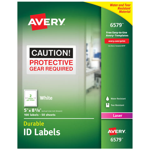 Avery Durable White Cover Up ID Labels for Laser Printers, 5" x 8.125", Pack of 100 (6579)