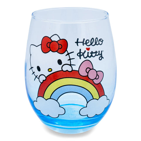 Silver Buffalo Sanrio Hello Kitty Rainbow Peek Stemless Wine Glass, Tumbler Cup For Cocktails | Holds 20 Ounces