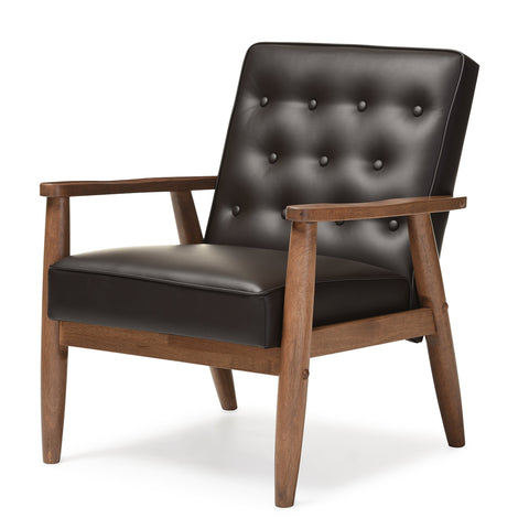 Baxton Studio Sorrento Faux Leather Upholstered Wooden Lounge Chair, Brown
