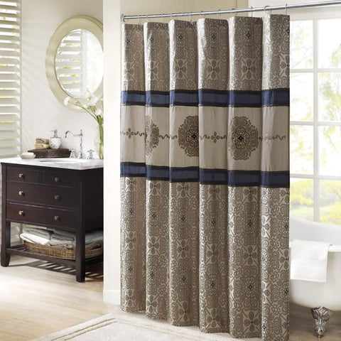 Oakestry Medallion Design Jacquard Weave Design Shower Curtain All Season Light-Filtering Traditional Bathroom Decor with Button Holes 72" L x 72" W, Navy