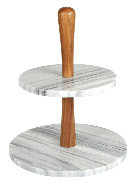 Creative Home Natural Marble Two-Tier Stand 10? Diameter × 11¾? H | Acacia Wood and Stone Dual Plate Server for Desserts, Fruit and Charcuterie | Elegant Gift and Home Entertaining Accent