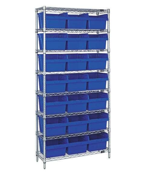 Quantum Storage Systems WR8-816BL Wire Heavy Duty 8 Shelves 21 STORE-MAX Blue Bins 74" H x 36" W x 24" D