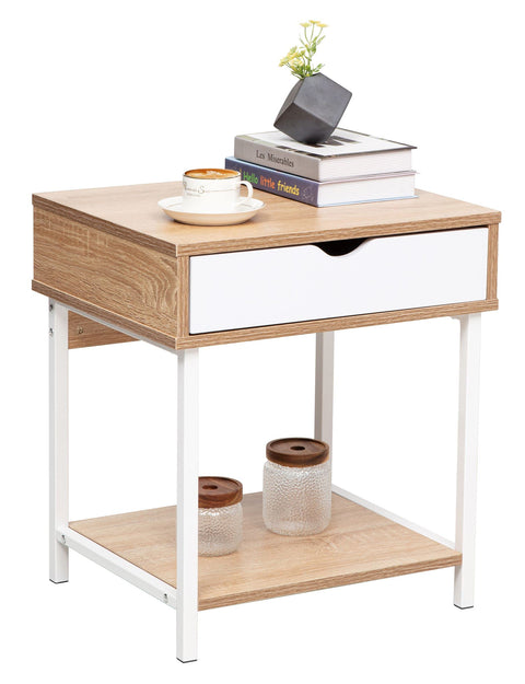JJS Side End Table, Nightstand, Bedside Table with Drawer and Storage Shelves, Sofa Table for Living Room, Bedroom, Accent Furniture, Easy Assembly, Oak/White