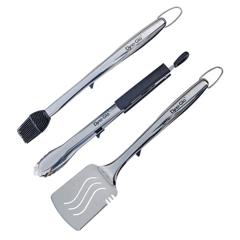 Dyna Glo 3PC Stainless Steel Grill Set. Tong, Spatula, Basting Brush - W. Stands