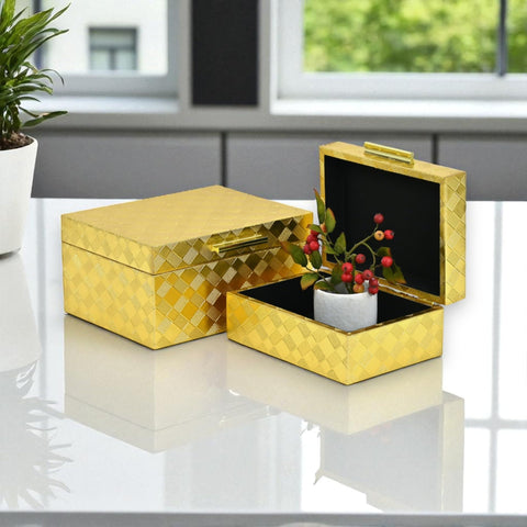 Zuleika Set of 2 Decorative Storage Boxes - Diamond Checkered Pattern - Gold with Gold Handles - For Organization, Trinkets, Keepsakes - By Cheungs