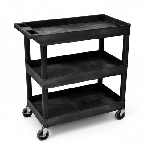 LUXOR EC111-B Heavy Duty Plastic Utility Cart, 32" x 18" Rolling Tub Cart with Three Shelves, 300 lbs. Capacity, Ergonomic Push Handle, Black