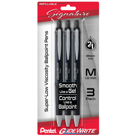 Pentel Glidewrite Signature Ballpoint Pen, (1.0mm) Medium, Black Barrel, Black Ink, Pack of 3 (BX930ABP3A)