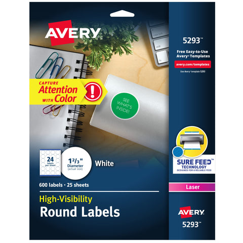 Avery High Visibility Round Labels, Sure Feed Technology, 1-2/3" Diameter, White Customizable Blank Labels, Laser Printable, 600 Total (5293)