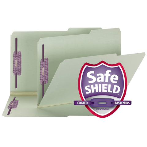 Smead Pressboard Fastener File Folder with SafeSHIELD Fasteners, 2 Fasteners, 2/5-Cut Tab Right Position, Guide Height, 2" Expansion, Legal Size, Gray/Green, 25 per Box (19920)