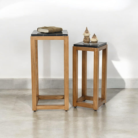 Cheung's Virael Set of 2 Square Black Marble-Topped Brown Wood Nesting Tables, Modern 12.25" Accent Tables for Living Room