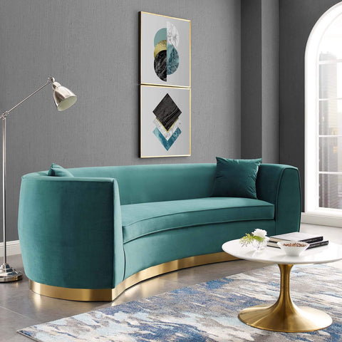 Modway Resolute Retro Modern Curved Back Upholstered Velvet with Two Throw Pillows, Sofa, Teal