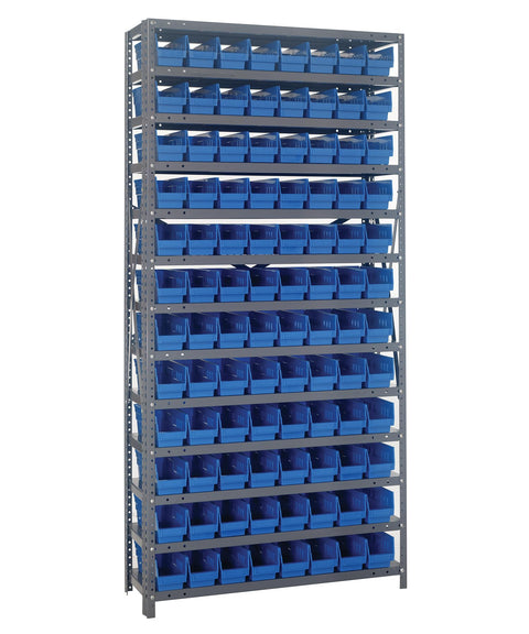Quantum Storage Systems 1275-101BL Steel Shelving Unit with 4" Shelf Bins, 12" D x 36" W x 75" H, Blue