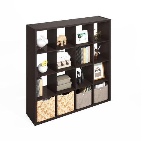 Furinno Simple Cube Storage Organizer, 16-Cube Display Shelf, Open Back Shelving Unit, Storage Shelves, Extra Thick Frame, for Organization and Storage, Living Room, Home Office, Dark Oak