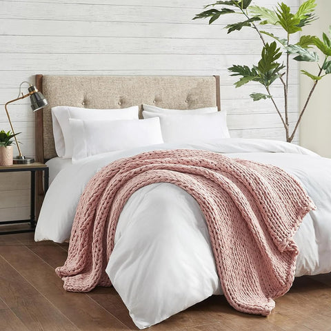 Oakestry Boho Soft and Breathable All-Season Throw Blanket Fur Cozy Fluffy Elegant Chunky Knitted Blanket for Decorative Couch, Sofa and Bed, 50x60, Blush