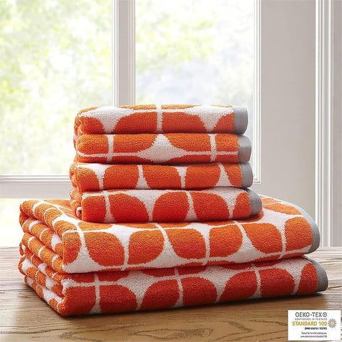 Oakestry 6-Piece Lita Cotton Bathroom Towels Geometric Printed Pattern Lightweight Highly Absorbent Set for Bathroom Spa Yoga and Travel, Orange Grey