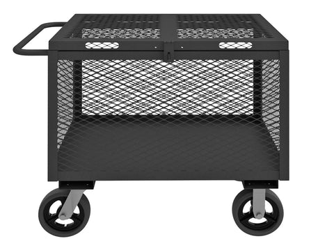 4 Sided Mesh Box Truck With 6 Inch x 2 Inch Mold-On-Rubber Casters (2) Rigid And (2) Swivel Pad-Lockable Hinged Cover And Tubular Push Handle Gray